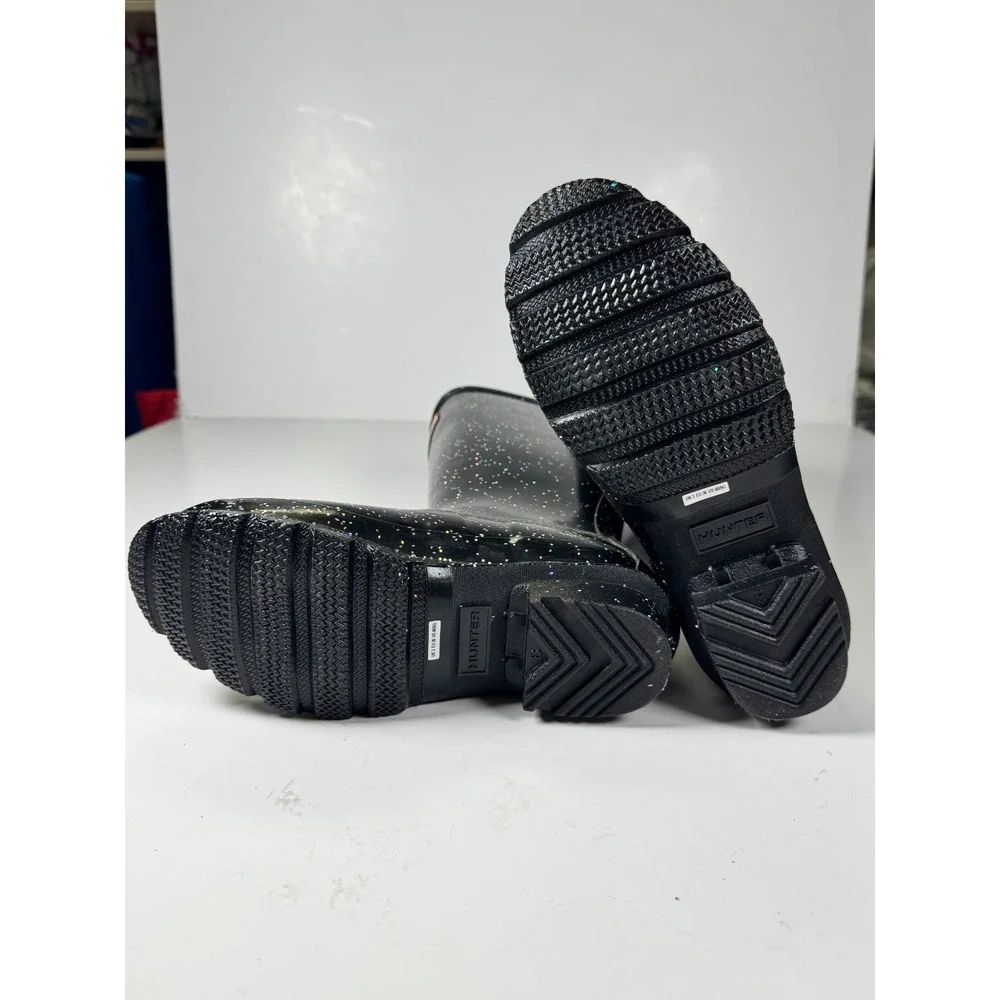 Hunter Girls US 4B Black Giant Glitter Round Toe Pull On Mid Calf Rain Boots